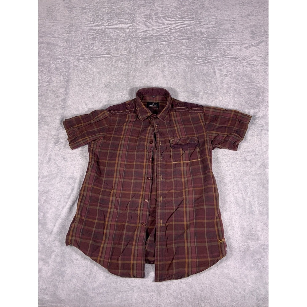 Y2K Graphic Cats Eye Button-Up Size 15.5 Maroon Cotton Blend Long Sleeves